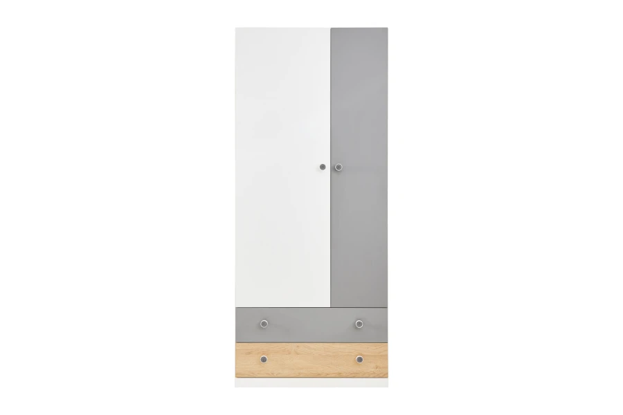 Schmaler Kleiderschrank in Weiß, Grau und Holzoptik mit zwei Türen und zwei Schubladen.