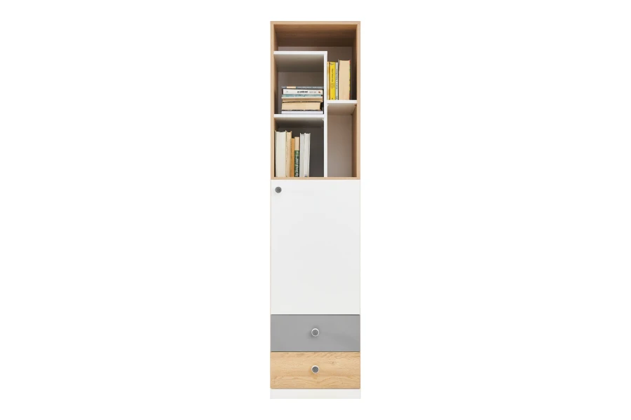 Schmaler Bücherschrank in Weiß, Grau und Eiche-Optik mit offenen Regalfächern.