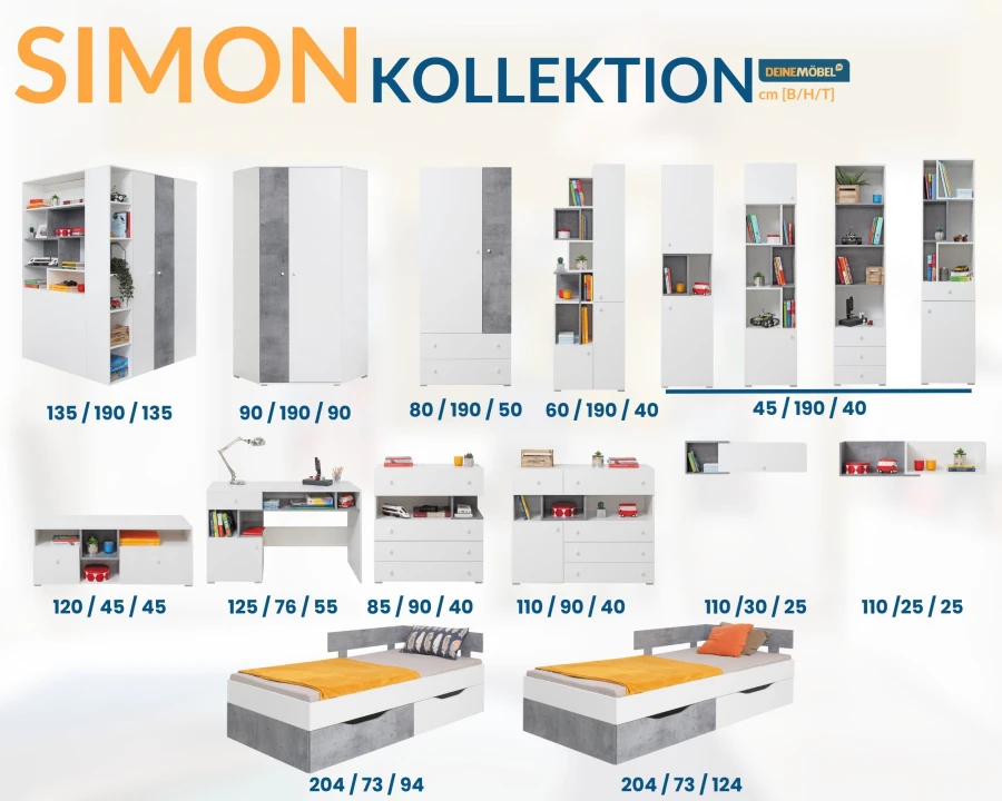 Übersicht Simon Kollektion Jugendmöbel in Weiß-Grau mit Maßen für Kleiderschrank und Bett.
