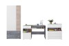 Möbelset für Jugendzimmer: Kleiderschrank, Schreibtisch und Kommode in Weiß, Grau und Eiche.