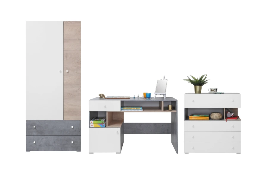 Möbelset für Jugendzimmer: Kleiderschrank, Schreibtisch und Kommode in Weiß, Grau und Eiche.