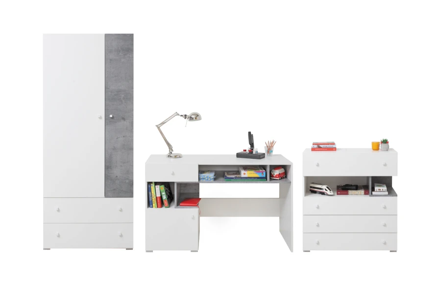 Modernes Kinderzimmer-Set in Weiß und Grau mit Schrank, Schreibtisch und Kommode.