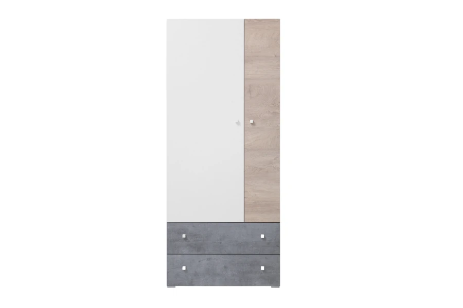 Zweitüriger Kleiderschrank in Weiß und Eiche mit zwei grauen Schubladen.