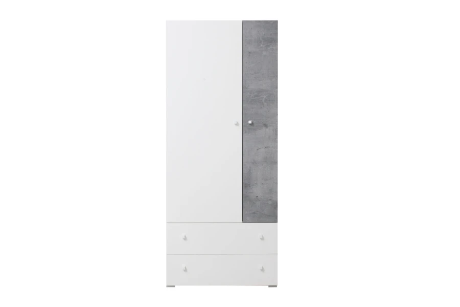 Moderner Kleiderschrank in Weiß und Beton-Optik mit zwei weißen Schubladen.