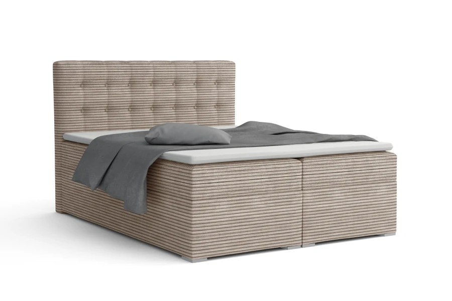 Modernes Boxspringbett in Taupe mit Cord-Bezug und gestepptem Kopfteil.