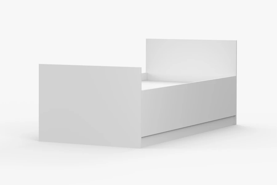 Rückansicht eines modernen weißen Kinderbetts in schlichtem, minimalistischem Design.