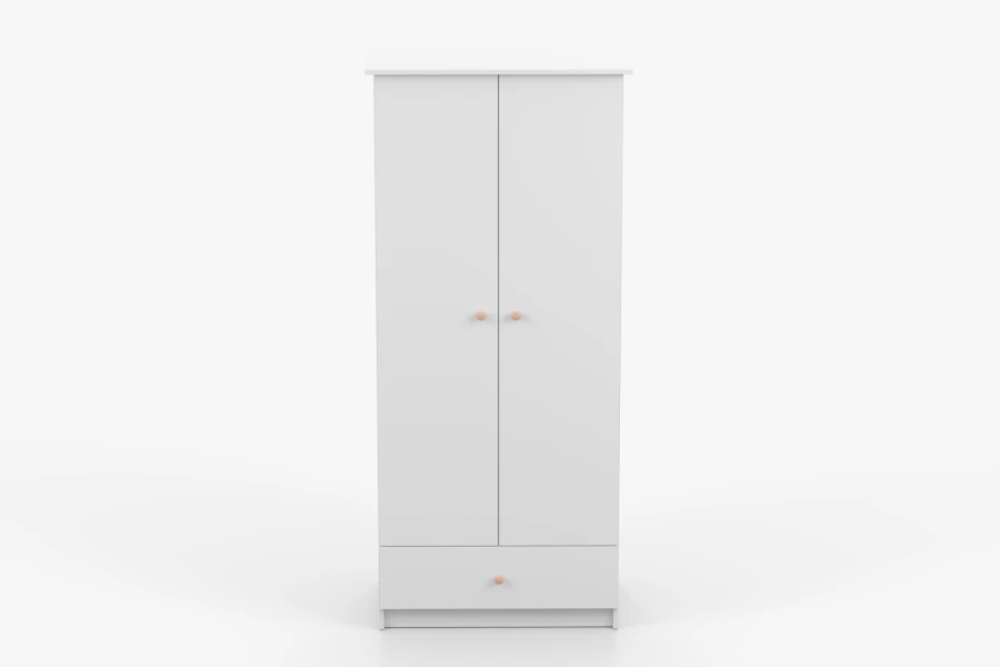 Moderner zweitüriger Kleiderschrank in Weiß mit heller Schublade und Knaufgriffen, Frontalansicht.