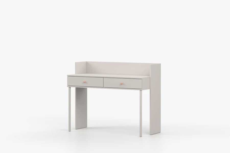 Perspektivische Ansicht des weißen Oskar Schreibtischs mit modernem, schlichtem Design für Jugendliche.