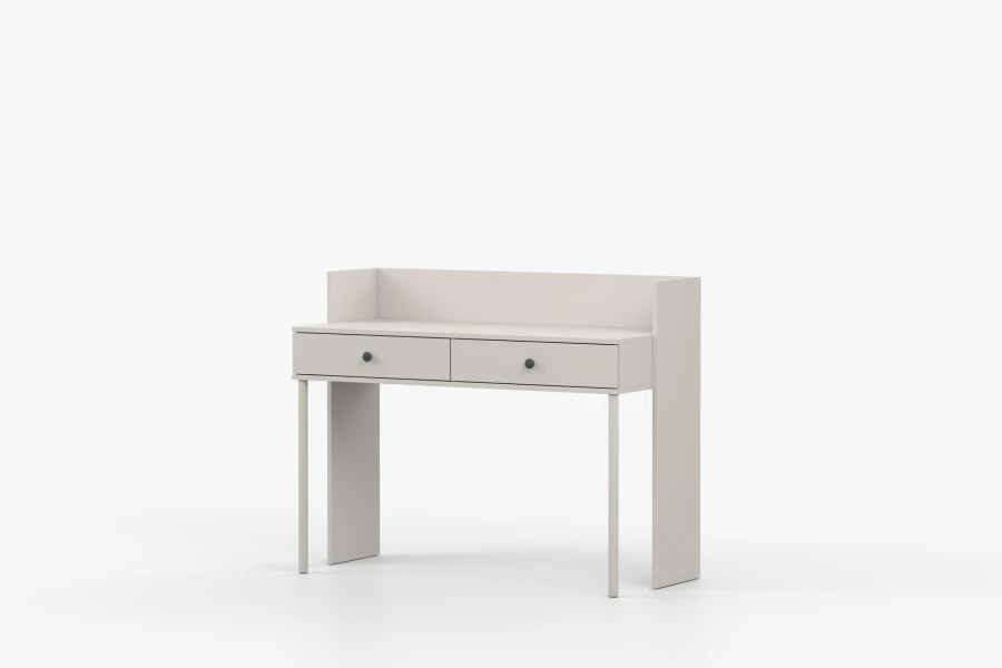 Heller Konsolentisch in Beige mit zwei Schubladen, schräge Seitenansicht für Büro oder Flur.