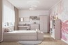 Rosa Kinderzimmer-Set mit Bett, Kleiderschrank, Schreibtisch und floraler Mustertapete.