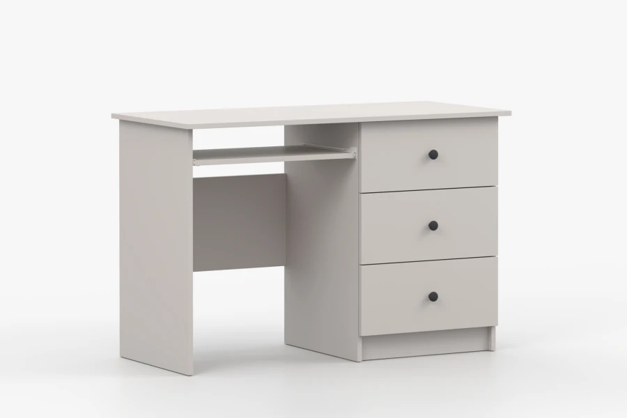 Moderner weißer Schreibtisch mit 3 Schubladen und Tastaturauszug für das Kinderzimmer.