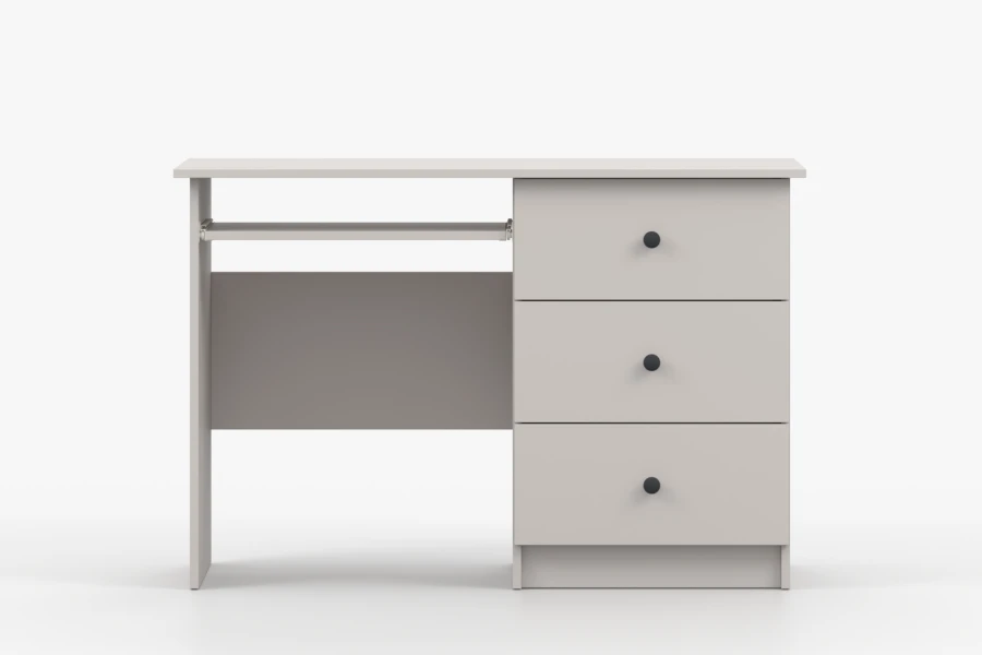 Simple white children's desk in front view with practical drawers.