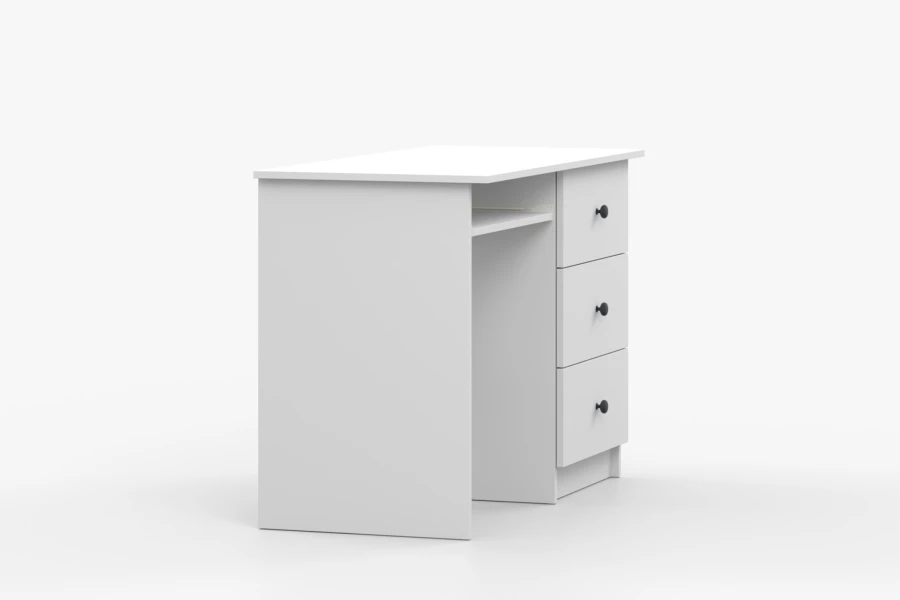 Weißer minimalistischer Schreibtisch mit drei Schubladen und schwarzen Griffen, schräge Seitenansicht.
