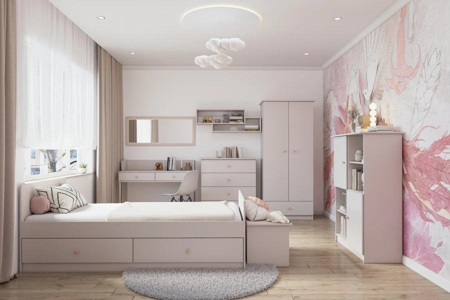 Gemütliches Kinderzimmer-Set in Rosa mit Funktionsbett, Schreibtisch und Kleiderschrank für Mädchen.