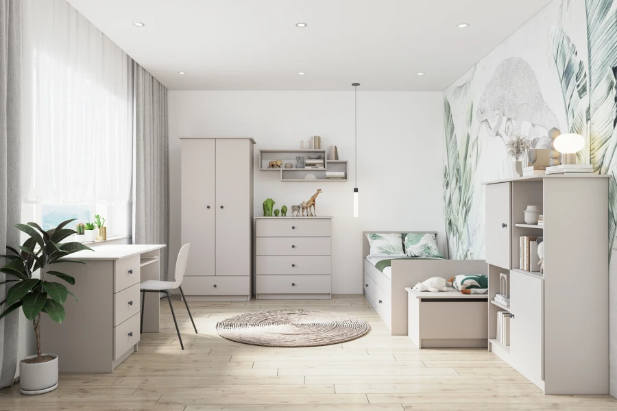 Modernes Jugendzimmer mit Dschungel-Wandbild, grauem Schreibtisch, Kleiderschrank und grünen Akzenten.