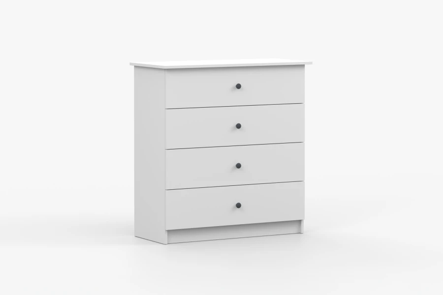 Moderne witte commode met 4 laden en zwarte knoppen, schuin aanzicht.