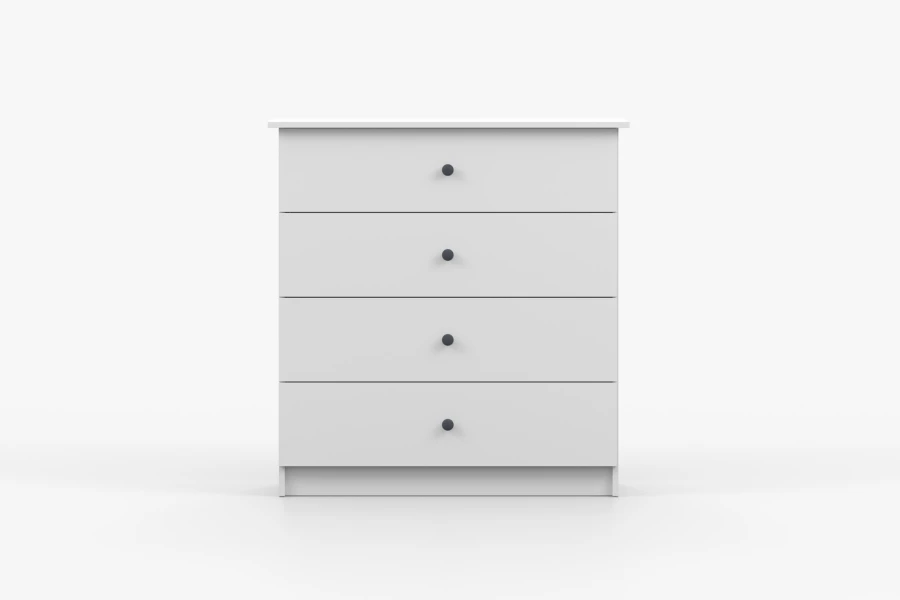 Weiße Kommode mit 4 Schubladen und schwarzen Knöpfen, modernes Schlafzimmermöbel.