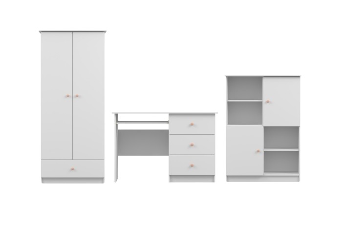 Weißes Kinderzimmer-Set mit Kleiderschrank, Schreibtisch und Regal, rosa Griffe.