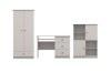 Graues Jugendzimmer-Möbelset mit Schrank, Schreibtisch und Regal, schwarze Griffe.