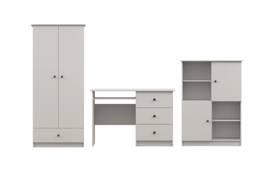 Graues Jugendzimmer-Möbelset mit Schrank, Schreibtisch und Regal, schwarze Griffe.