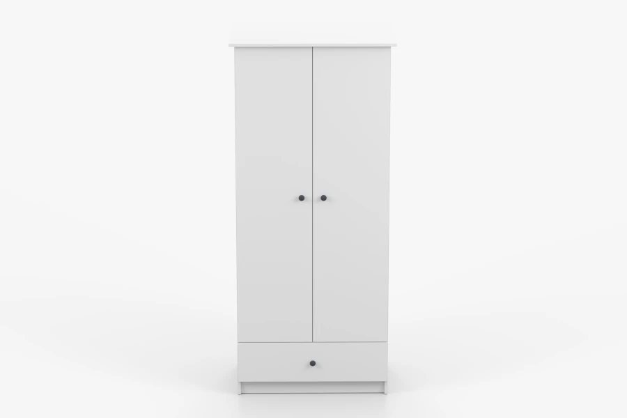 Weißer Kleiderschrank mit zwei Türen, einer Schublade und schwarzen runden Griffen.