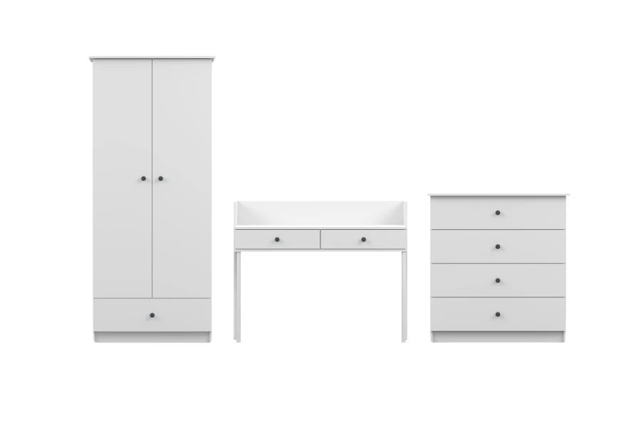 Weißes Kinderzimmer-Set mit Kleiderschrank, Schreibtisch und Kommode mit schwarzen Knaufgriffen.