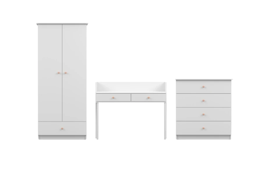 Weißes Kinderzimmer-Set mit Kleiderschrank, Schreibtisch und Kommode mit rosa Griffen.