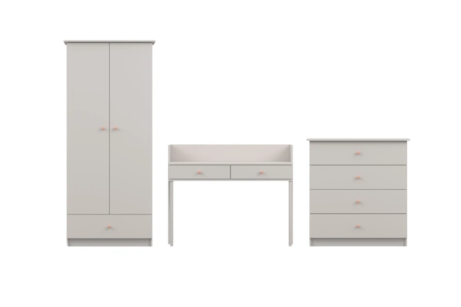 Modernes Möbelset in Beige bestehend aus Kleiderschrank, Schreibtisch und Kommode.