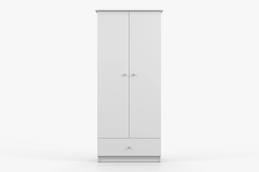 Weißer zweitüriger Kleiderschrank mit Schublade und hellen Holzknöpfen.