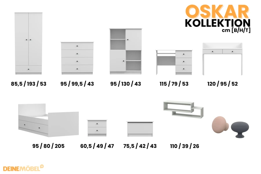 Übersicht der Oskar Kollektion: Weiße Kinderzimmermöbel mit Maßen für Kleiderschrank, Bett und Kommode.