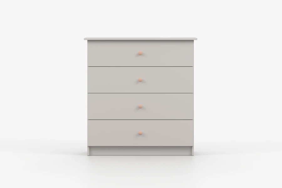 Beige Kommode mit 4 Schubladen und runden rosa Griffen für das Kinderzimmer.