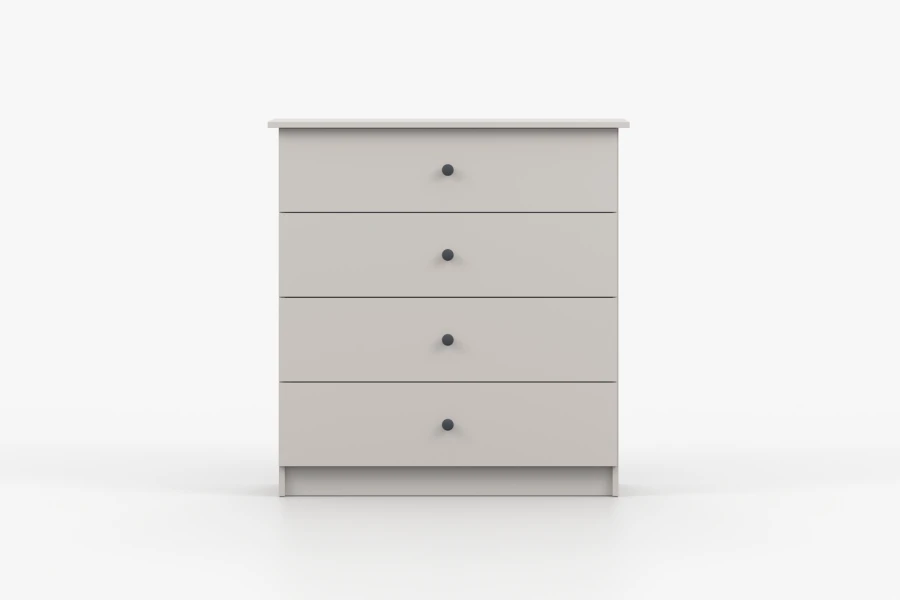 Schlichte beige Kommode mit 4 Schubladen und schwarzen Griffen für das Schlafzimmer.
