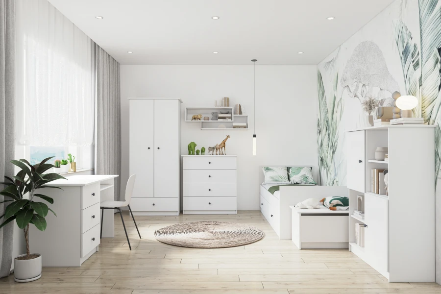 Weißes Kinderzimmer-Set mit Schreibtisch, Bett und Kleiderschrank vor Dschungeltapete.