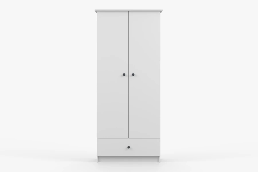 Klassischer weißer Kleiderschrank mit zwei Türen, Schublade und schwarzen Möbelknöpfen.