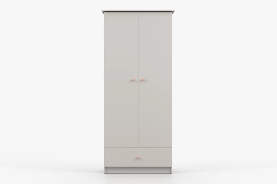 Beiger Kinder-Kleiderschrank mit 2 Türen, einer Schublade und rosa Griffen.