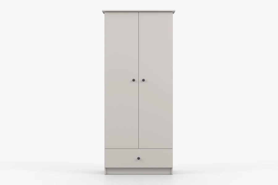 Moderner Kleiderschrank für Kinder in Beige mit schwarzen Knöpfen und Schublade.