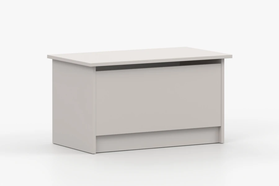 Beige Spielzeugtruhe zur Aufbewahrung im Kinderzimmer, schlichtes Design.