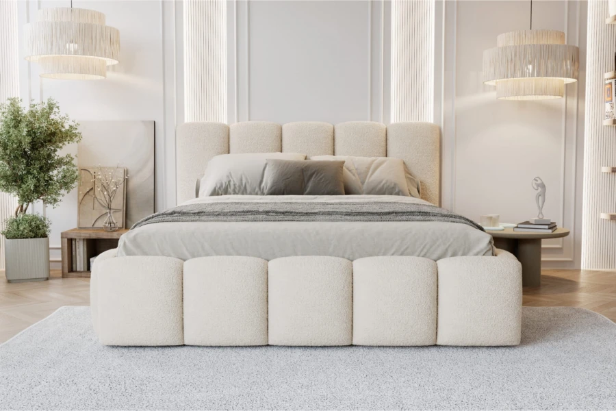Front view of the Vivian upholstered bed in a bright, modernly furnished bedroom.
