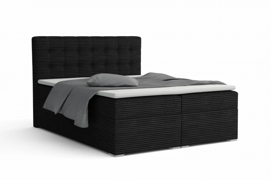 Elegante boxspring Carly in zwart met hoogwaardige ribstof bekleding en hoofdbord.