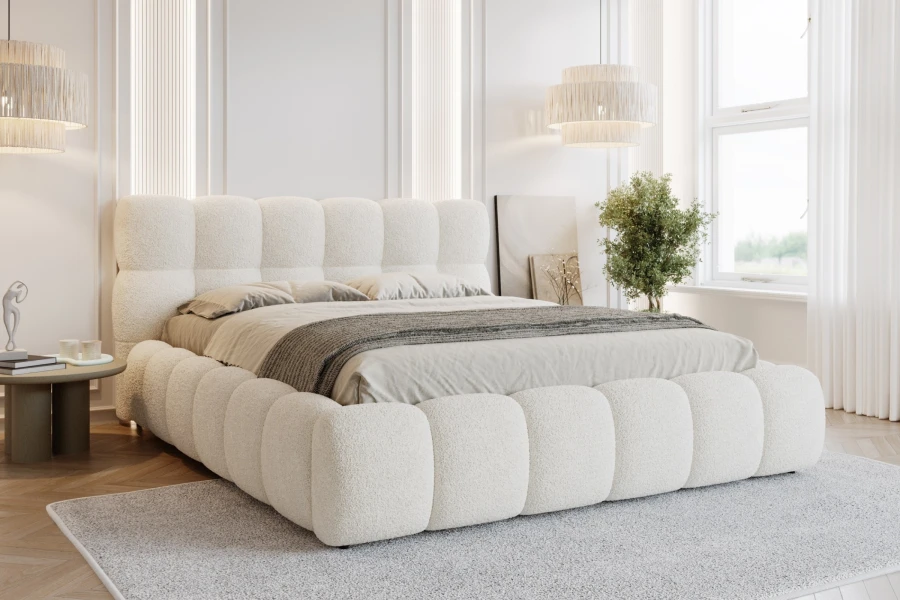Modernes LUVA Polsterbett in Weiß mit gemütlichem Bubble-Design im Schlafzimmer.