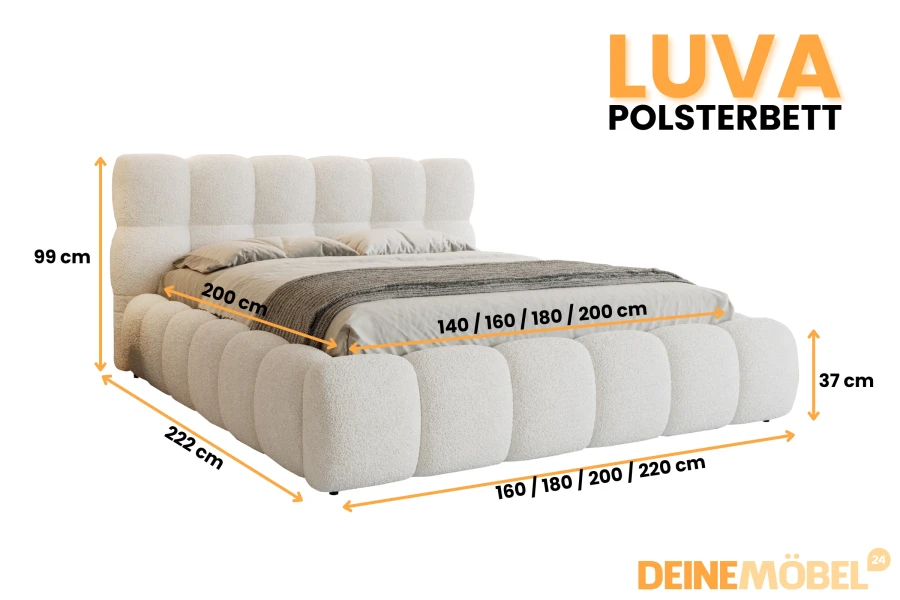 Maßskizze für das LUVA Polsterbett mit verschiedenen Größenoptionen und Höhen.