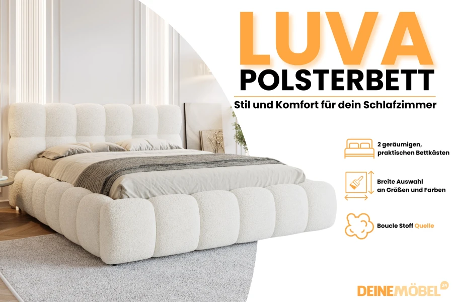 LUVA Polsterbett in Weiß aus Bouclé-Stoff mit praktischem Bettkasten für das moderne Schlafzimmer.