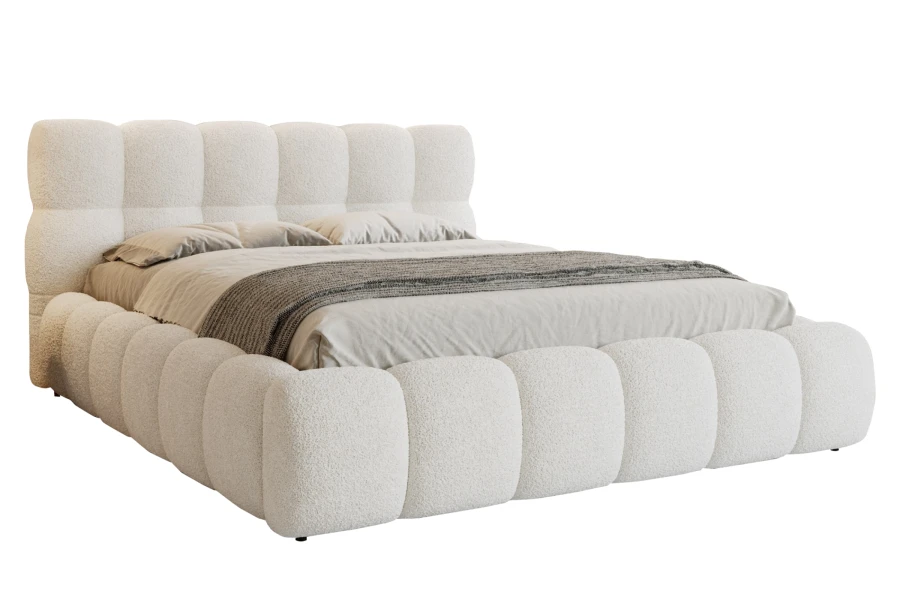 Freigestelltes LUVA Polsterbett in weißem Bouclé-Stoff mit modernem Design.