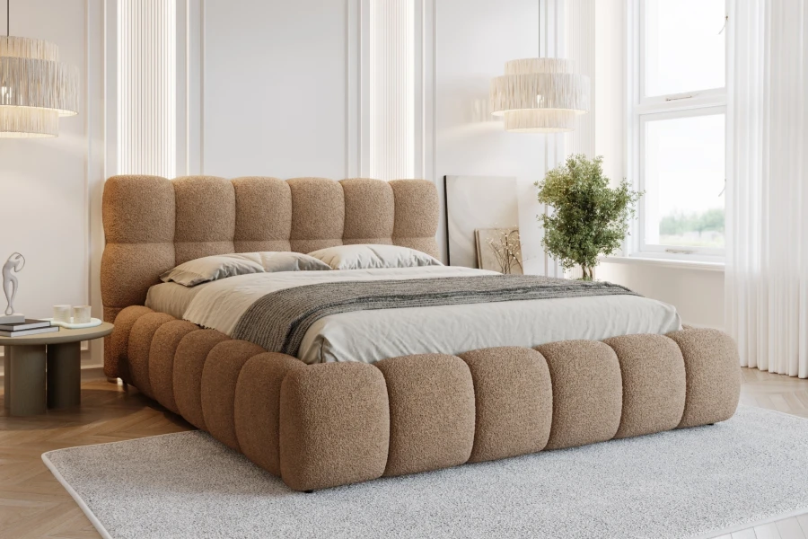 Elegantes braunes Polsterbett in einem hellen, modernen Schlafzimmer-Ambiente.