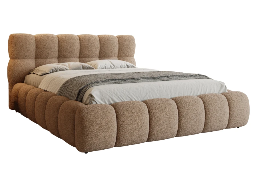 Freigestelltes braunes Polsterbett aus weichem Teddy-Stoff mit modernem Design.
