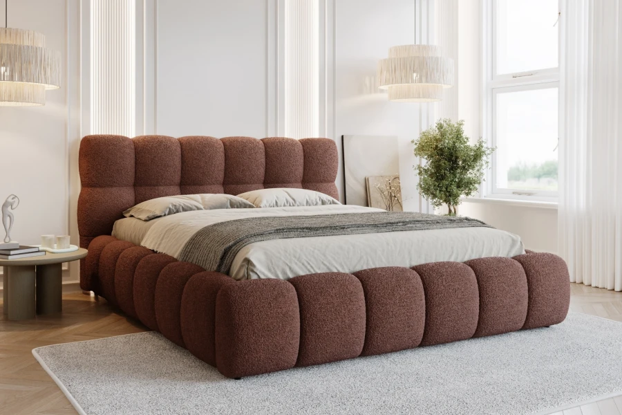 Terracotta-farbenes Polsterbett mit Wellen-Design im modernen Schlafzimmer.