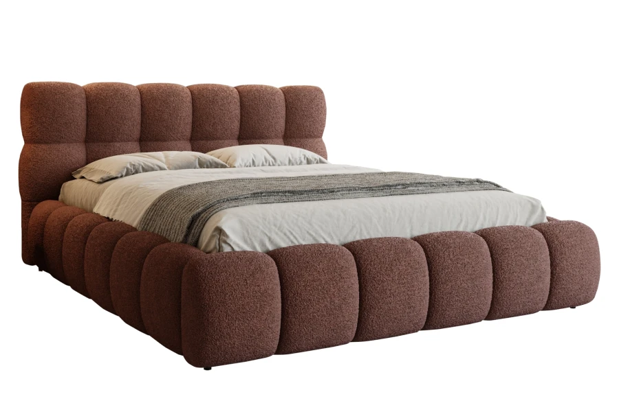 Modernes Polsterbett in Braun aus Bouclé-Stoff mit auffälligem Steppdesign.