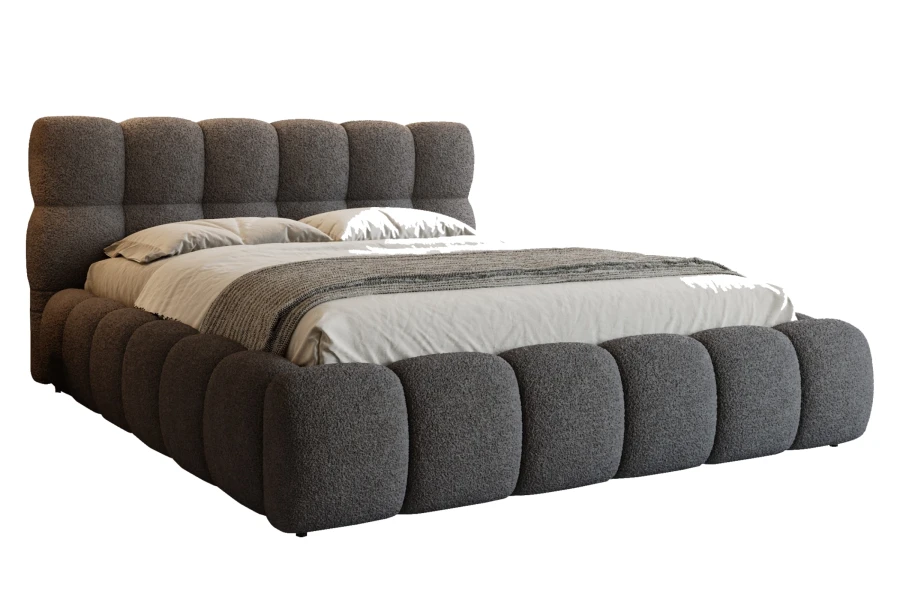 Elegantes Polsterbett in Dunkelgrau mit weichem Bouclé-Stoff