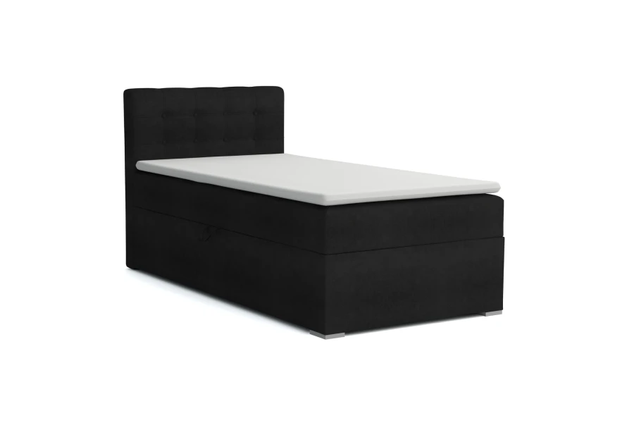 Modernes Boxspring-Einzelbett in Schwarz mit gepolstertem Kopfteil und weißem Topper.