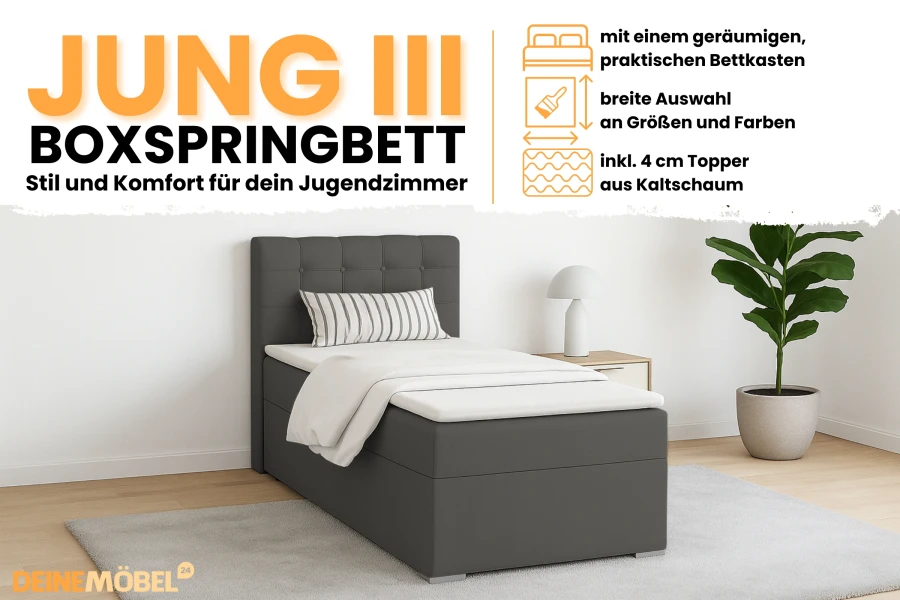 Infografik zum Jung III Boxspringbett mit Vorteilen wie Bettkasten und Kaltschaum-Topper.